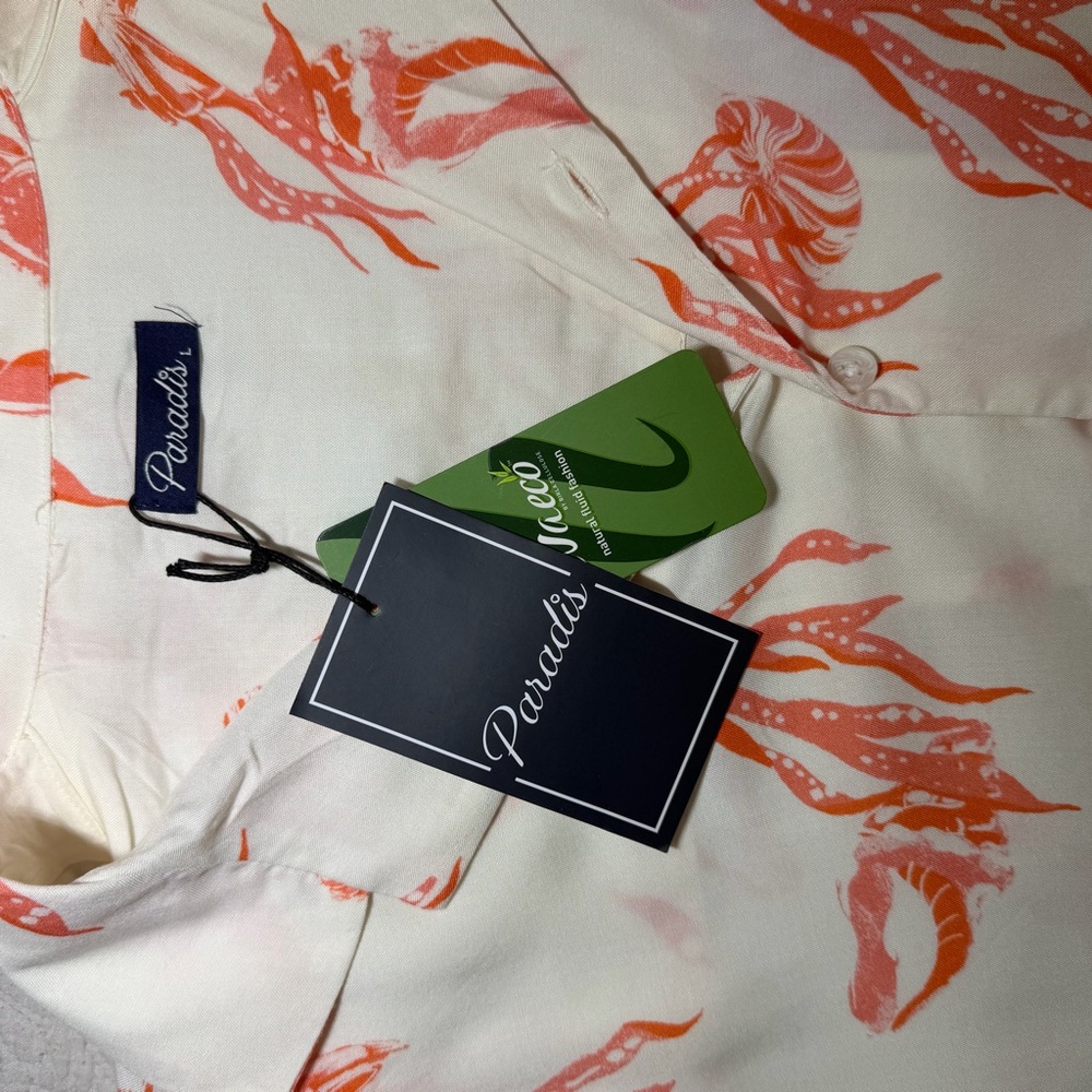 Men’s Short-Sleeve Lobster Print Shirt - Cream with Coral - Picture 10 of 12